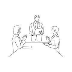 Cartoon business people meeting: funny illustration of a diverse team at work, a woman and boy adding humor to the scene silhouette line art on white background