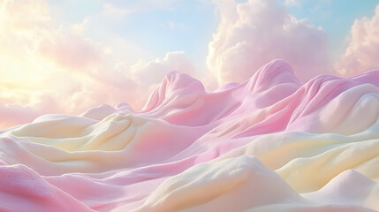 Dreamy pastel landscape, soft pink and yellow cloudscape, fluffy textured hills, serene sunset sky, whimsical and ethereal, cotton candy aesthetic, fantasy background.