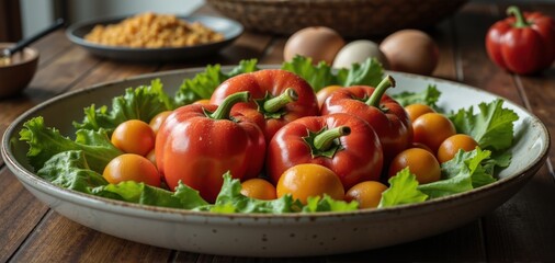 Fresh, vibrant vegetables on a rustic wooden table, perfect for cooking and healthy eating themes. Ideal for food blogs, cookbooks, or culinary advertising.