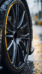 Close-Up Vertical Photo of Sleek Black Wheel with Vibrant Yellow Rim and Water Droplets
