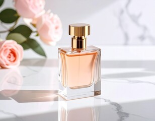 Perfume advertisement, fragrance and minimalism: Magazine cover style image of a perfume bottle on white marble, minimalistic design with delicate shadows.
