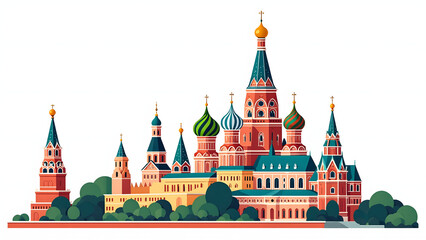 Colorful minimalist flat design illustration of historic cathedral with onion domes and spires surrounded by greenery, evoking cultural charm