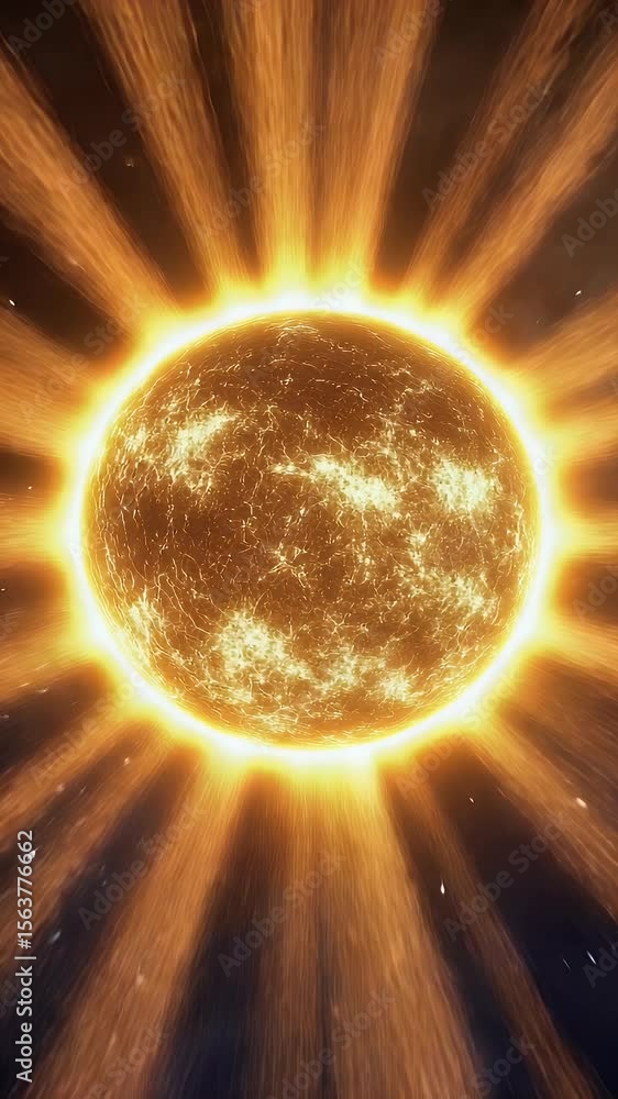 Poster abstract cosmic art with a radiant orange sphere emitting energy rays. set against a dark starry bac