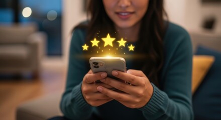 Satisfied woman at home giving a positive five-star review on her smartphone, symbolizing an excellent customer experience and user satisfaction