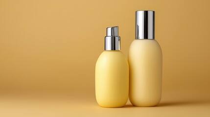 Naklejka premium Stylish arrangement of two cream and serum bottles positioned on a soft background for an elegant beauty presentation focused on modern aesthetics