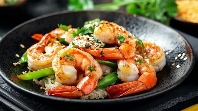 Delicious serving of steaming hot shrimp with rice and mangetout, garnished with sesame seeds and coriander, served in a black bowl