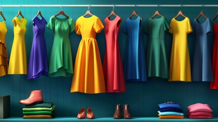 Vibrant display of colorful dresses hanging in a stylish boutique showcasing various styles and hues.