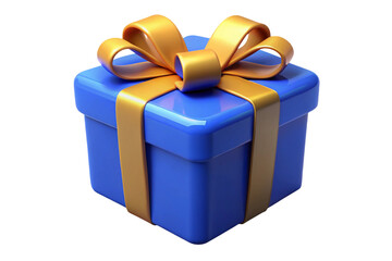 A bright blue gift box with a shiny gold ribbon and bow isolated on transparent background