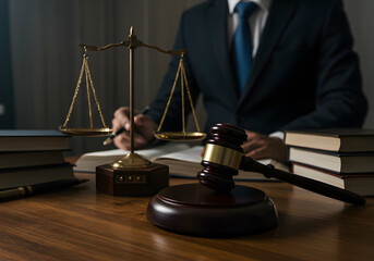 Lawyer at Work Legal Professional Analyzing Documents, Scales of Justice, Law Books, Gavel on Desk.
