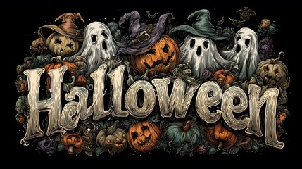 Halloween pumpkins, ghosts, and witch hats celebrating spooky season