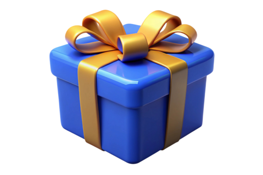 A bright blue gift box with a shiny gold ribbon and bow isolated on transparent background