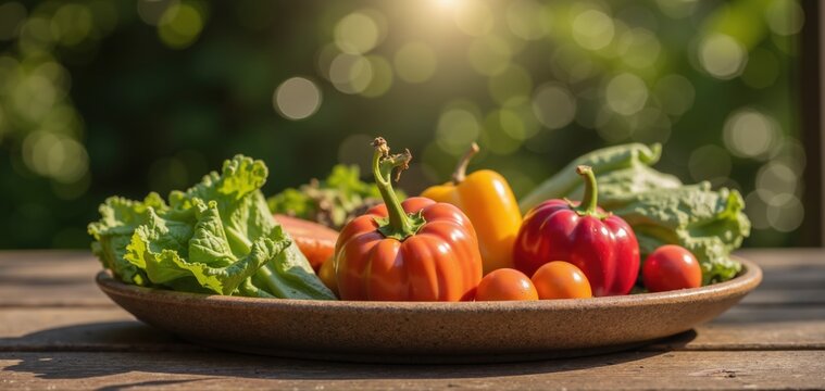 Fresh, vibrant vegetables on a plate, perfect for promoting healthy eating, farm-to-table restaurants, and culinary excellence in a natural setting.