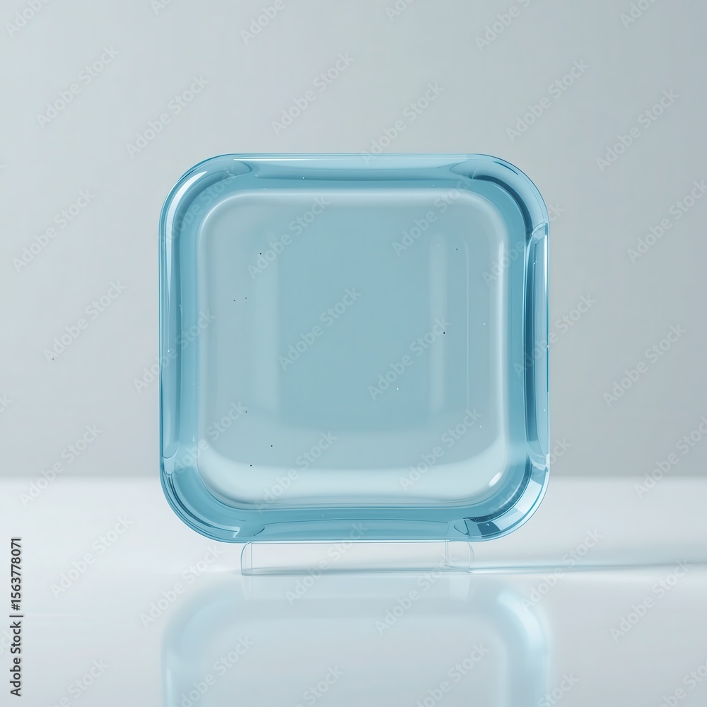 Poster translucent azure cube on a reflective surface with minimalistic studio setting