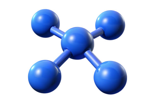 Abstract molecular structure with five blue spheres and connecting rods isolated on transparent background