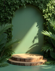 Jungle‑Inspired 3D Wooden Pedestal Amidst Lush Greenery
