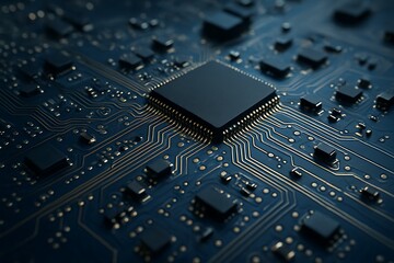 Fototapeta premium Close up view of a complex blue circuit board with a central processor