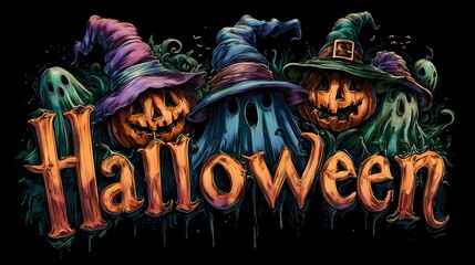 Halloween pumpkins wearing witch hats and ghosts celebrating halloween
