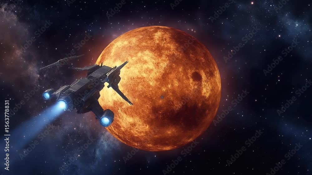 Poster a spacecraft navigates through the cosmos approaching a fiery celestial body with vibrant nebulae in