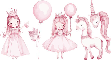Happy little girl in a pink dress with rabbit ears holds a heart-shaped balloon