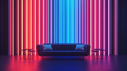 Neon-lit living room with a dark couch and small tables.