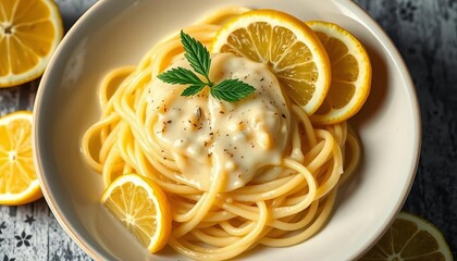 Creamy lemon sauce coating spaghetti, fresh lemon slices garnish,  food photography,  home cooking