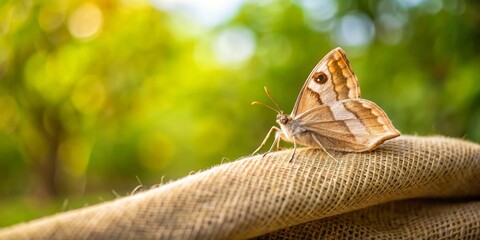 A delicate brown butterfly rests gently on a textured fabric, bathed in soft sunlight against a blurred green natural backdrop