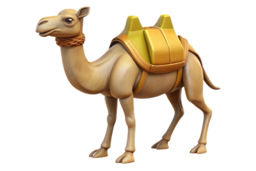 Stylized 3d camel with golden saddle and reins isolated on transparent background