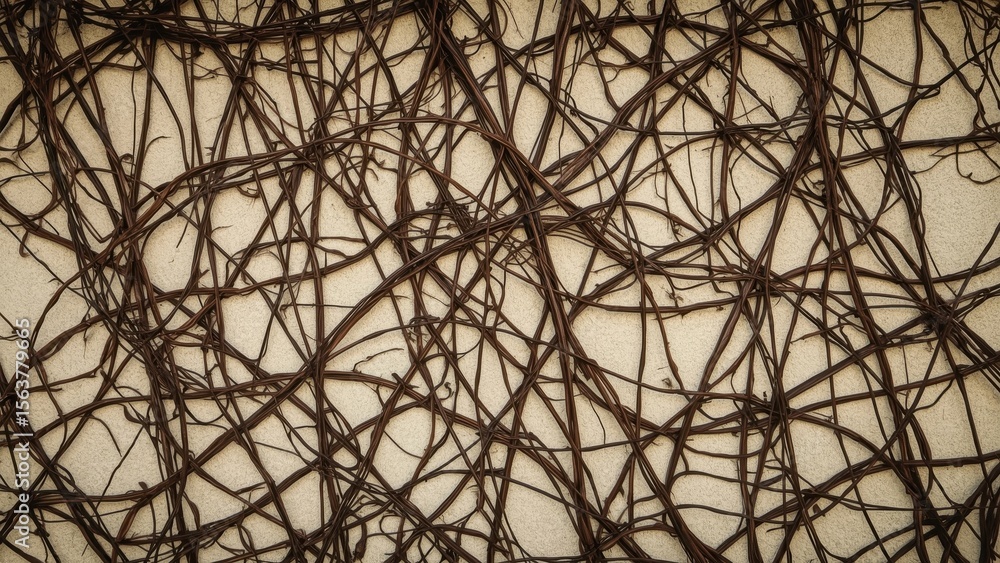 Poster texture of abstract tangled dark brown lines on beige background with chaotic pattern suitable for d