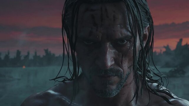 Guerrier ensanglant&eacute; au regard intense au cr&eacute;puscule