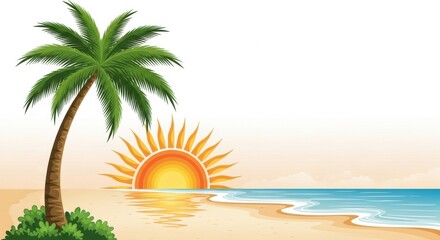 Serene Tropical Beach Scene with Palm Tree and Sunset Reflection