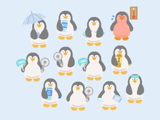 ペンギン　熱中症対策　イラストセット