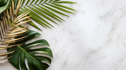 Tropical golden and green leaves on white marble background