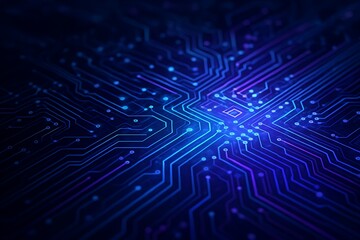 Abstract glowing blue and purple circuit board pattern with intricate pathways and nodes