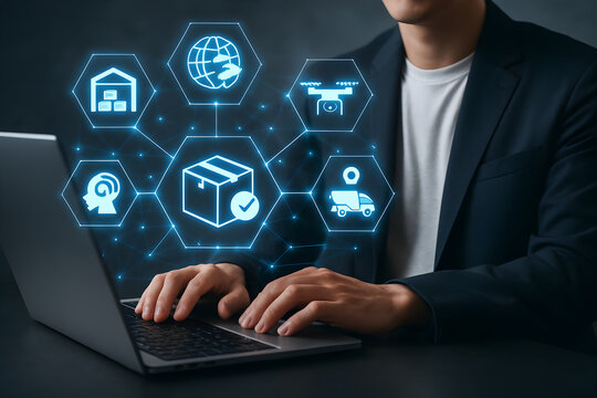 Human Hand Working on Laptop with hologram of Global Logistics and Supply Chain Management Symbolizing Business Delivery