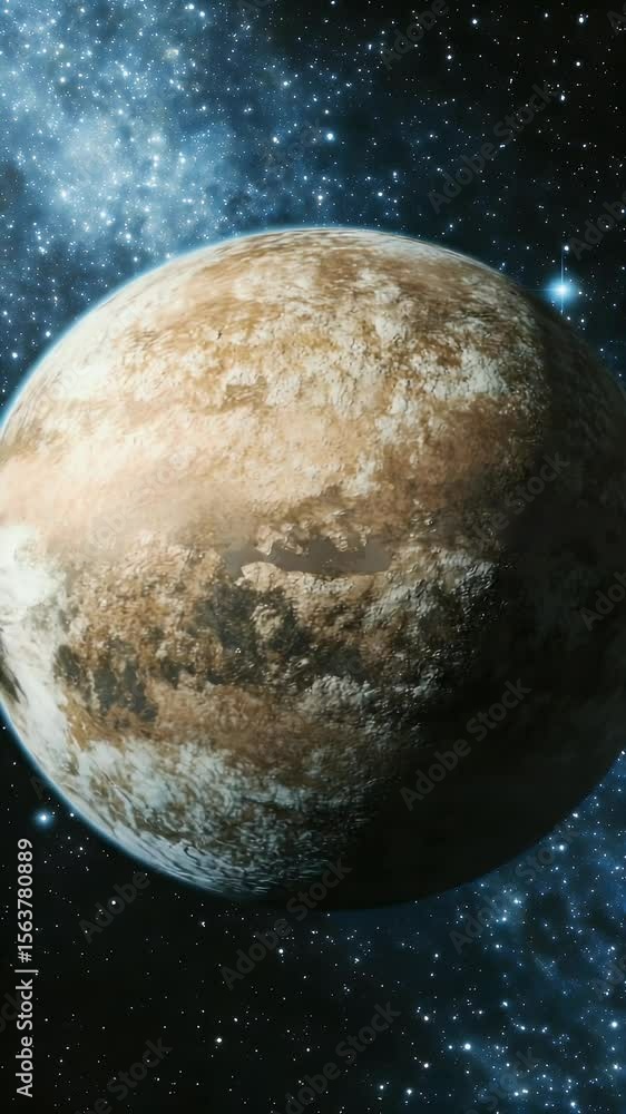 Poster digital artwork of a brown planet with a textured surface set against a backdrop of sparkling blue a