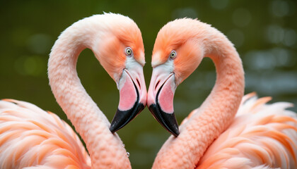 Pair of pink flamingos forming heart shape with their necks  