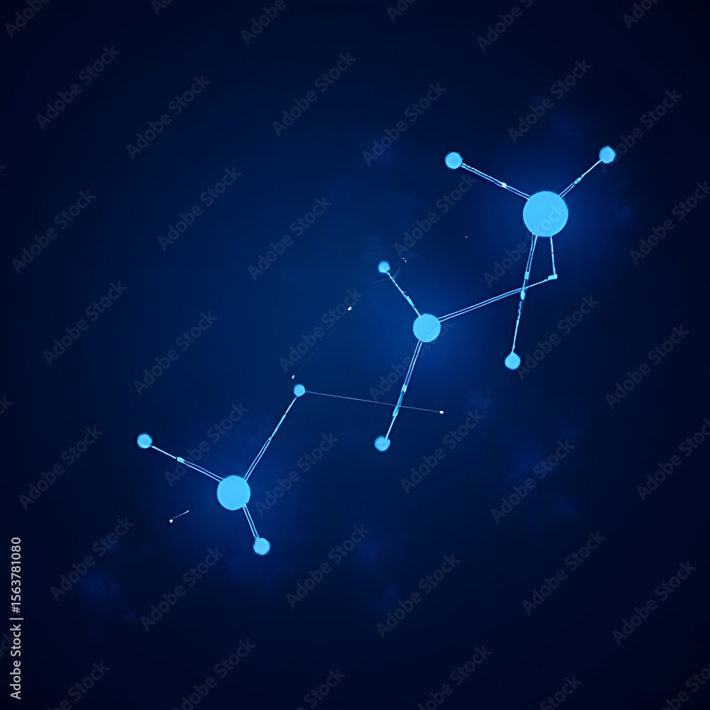 Poster abstract blue glowing network of connected spheres and lines on a dark blue background representing 