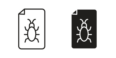 Bug report icon. Flat and stroke versions. Graphic elements.