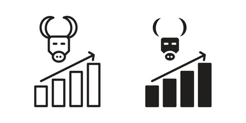 Bull market icon. Flat and stroke versions. Graphic elements.