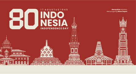 80th Indonesia Independence Day Banner with Traditional Landmark Line Art and Red Background