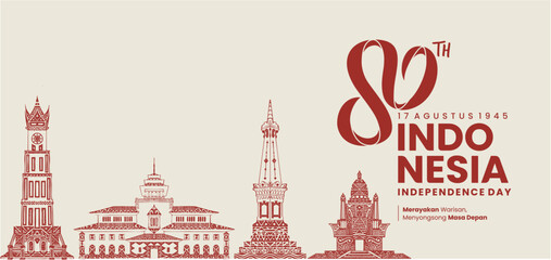 80th Indonesia Independence Day Banner with Traditional Landmark Line Art and Red Background