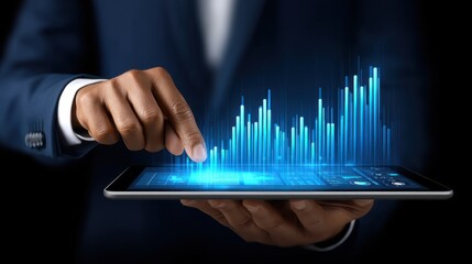 Businessman holding tablet with digital financial data visualization on screen