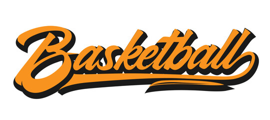 Basketball decorative inscription sign in black and orange color. text letter logo. Editable college t-shirt design. Isolated on white background  Vector EPS10