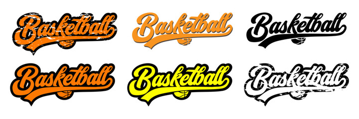 Set of Elegant black and color Basketball swoosh shapes with script text, grange, worn iscription on transparent background. Vector EPS10
