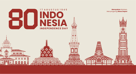 80th Indonesia Independence Day Banner with Traditional Landmark Line Art and Red Background