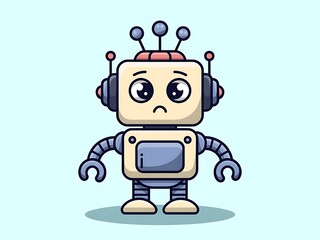 Sad Robot Cartoon Illustration Cute, Square-Shaped Bot with Antennae