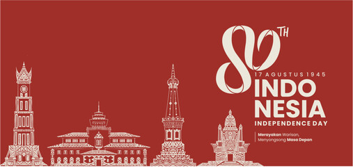 80th Indonesia Independence Day Banner with Traditional Landmark Line Art and Red Background
