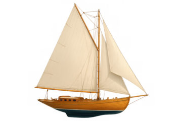Classic wooden sailboat with crisp white sails, revealing traditional maritime craftsmanship against neutral backdrop