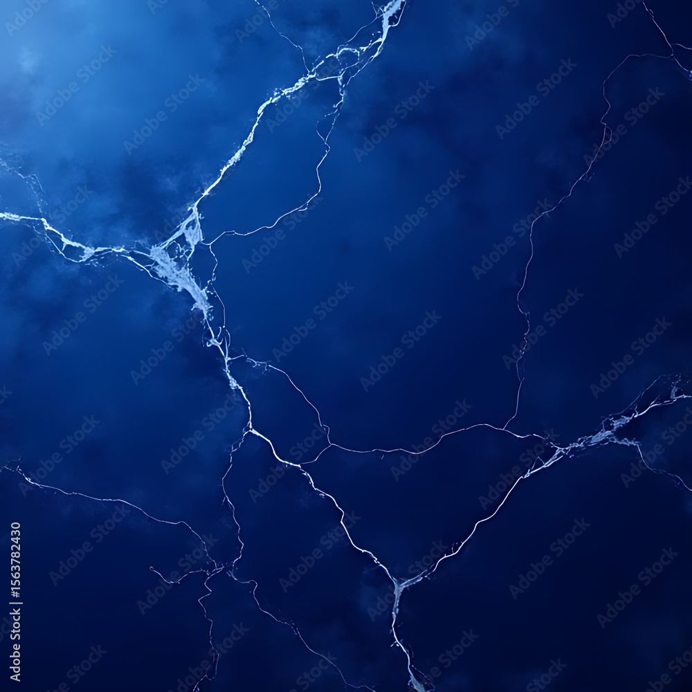 Poster abstract dark blue background with white vein-like patterns resembling lightning or cracks across th