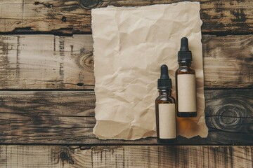 High Quality Picture of Two Glue Bottles with a Sheet of Paper on a Wooden Surface Mockup